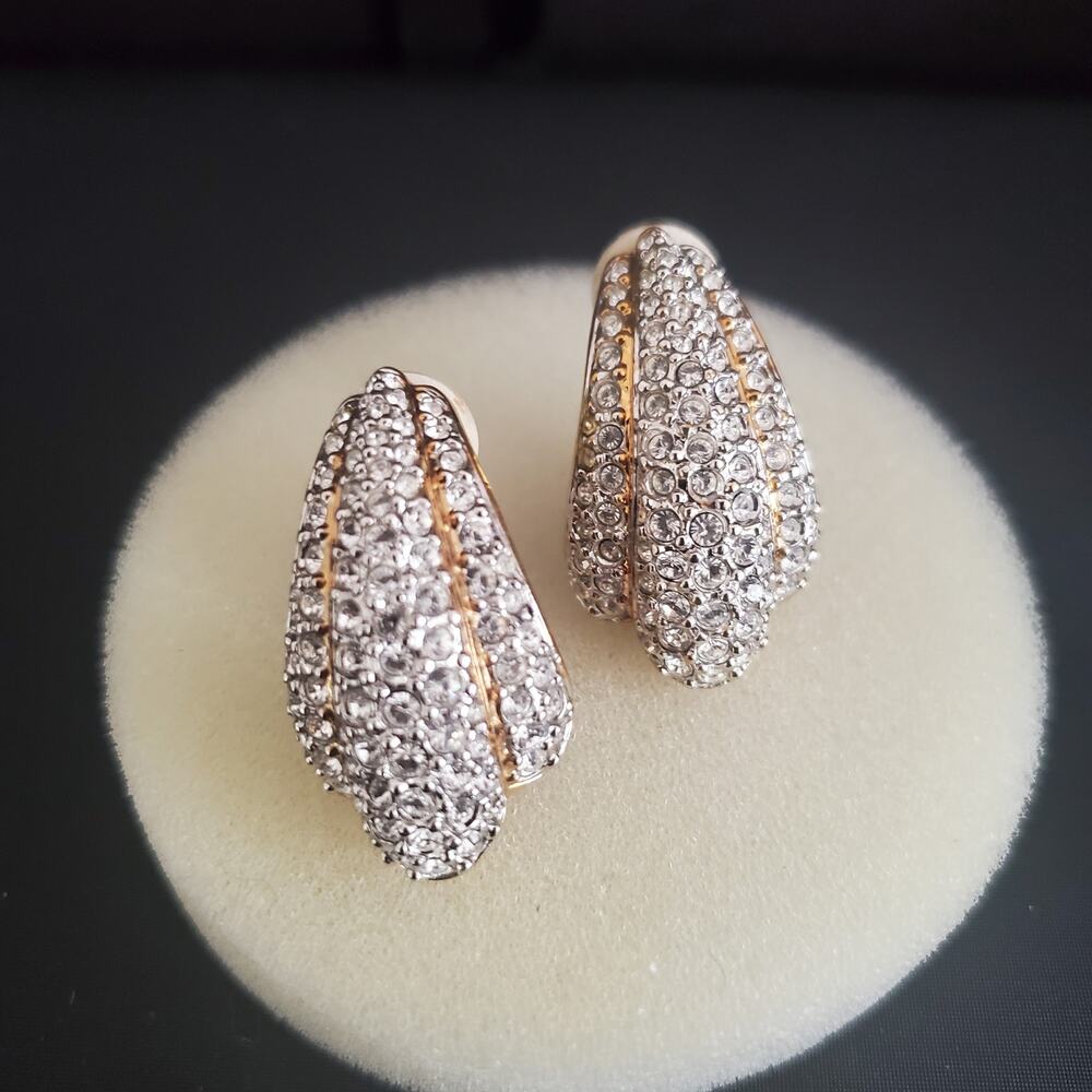 VTG Swarovski Large Earrings Clip On Pave Crystals Gold Plated 80's Swan Signed - Picture 1 of 8